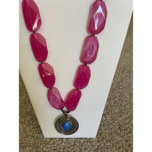 Pink Faceted Beaded Necklace Blue Cabochon Pendant Statement Boho Style Jewelry